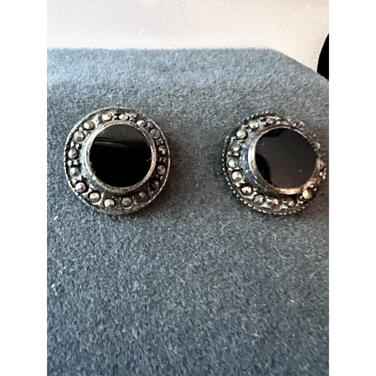 Vintage Onyx & Marcasite Sterling 925 Earrings Pierced Post Studs Nib